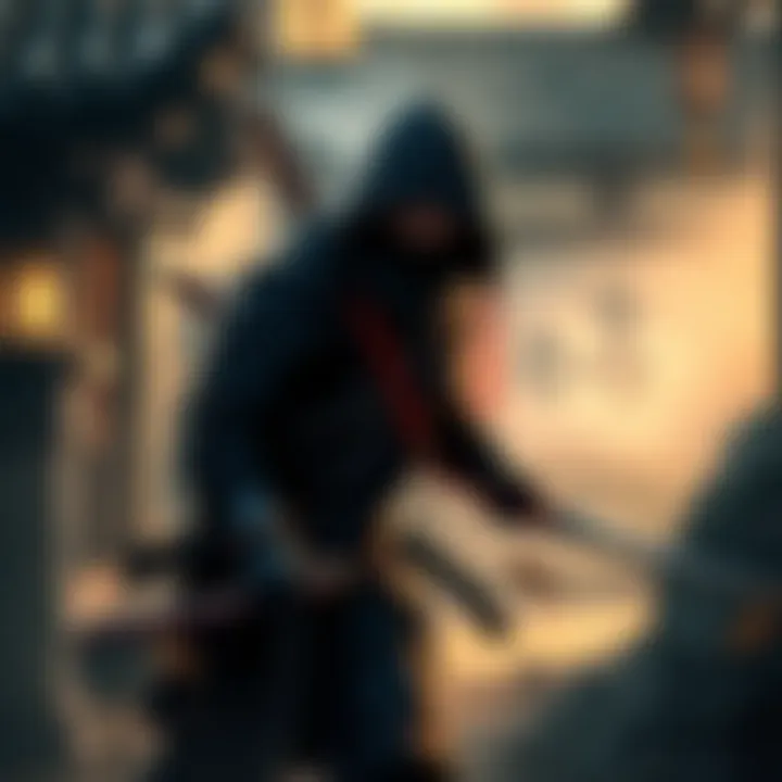A ninja character moving quietly through shadows in a traditional Japanese setting, showcasing stealth tactics in the original Tenchu game