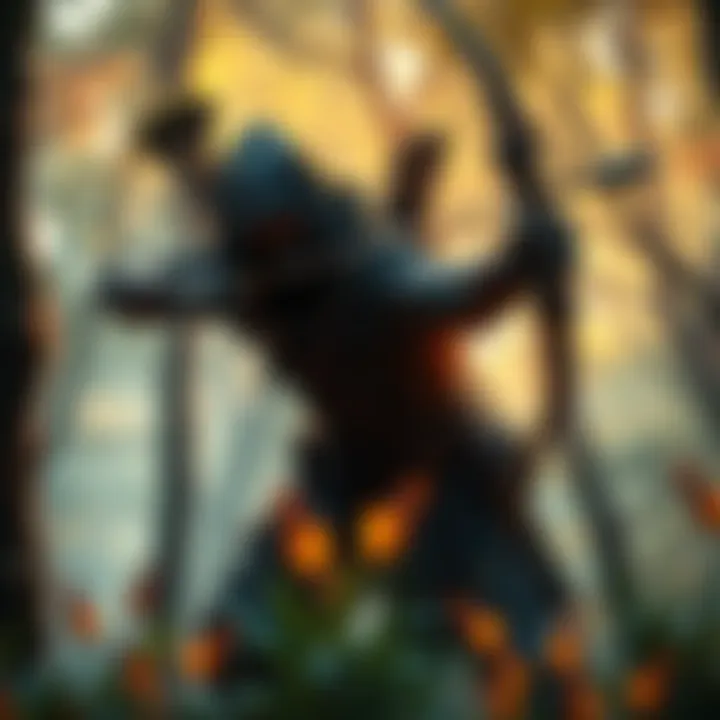 Stealth Archer in Fantasy World A stealth archer aiming a bow in a lush, fantasy forest setting