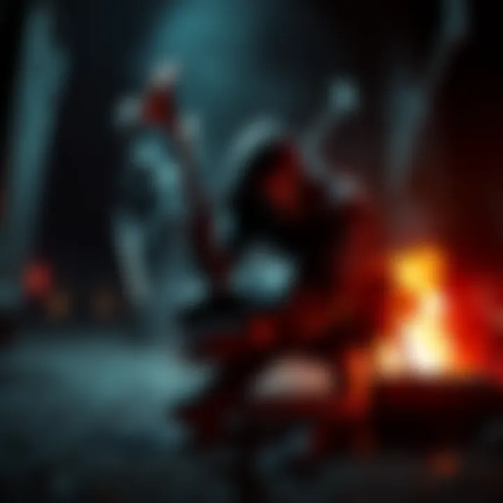 A stealthy character crouching in the shadows, preparing to sneak past guards in a dark environment