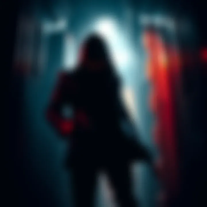 A character from Blacklist sneaking through a shadowy environment while avoiding detection.