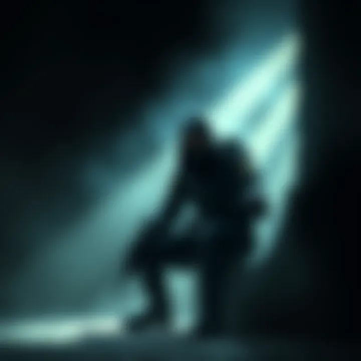 A character dressed in dark tactical gear, crouched and sneaking through shadows, representing stealth gameplay in a classic video game.