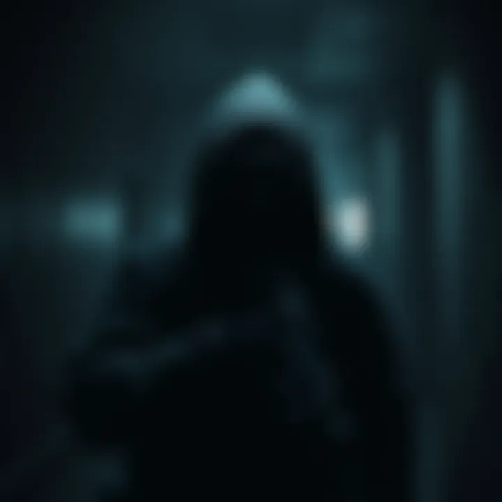 Stealthy Character in Dark Environment A stealth character in a dimly lit area, avoiding detection while using shadows and distractions.