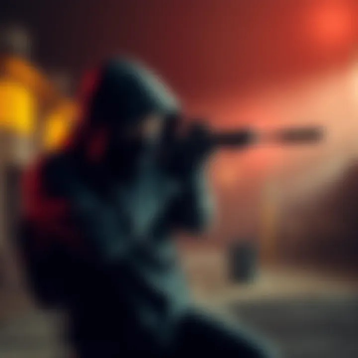 Stealthy character with a silenced gun A stealthy character in a dark outfit aims a silenced gun in a shadowy environment, preparing for a silent takedown