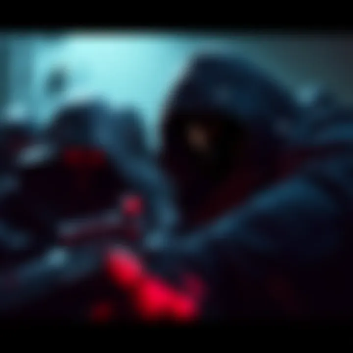 A group of stealth game characters hiding in shadows while planning their next move