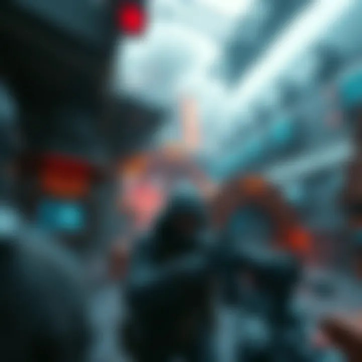 A character in stealth mode moving cautiously through a high-level zone filled with obstacles and enemies, focusing on strategy over combat.