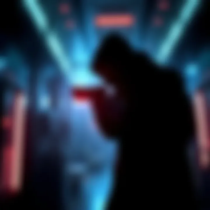 A shadowy figure stealthily navigating a high-tech environment, silhouetted against a dimly lit background, wielding a silenced pistol.