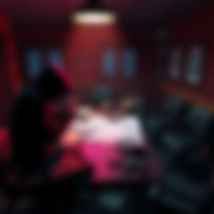 Stealth Heist Game Concept Art Character planning a heist in a dimly lit room with tools and blueprints spread out on the table