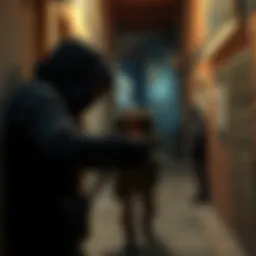 A stealthy character in an alley in an Eastern European setting, preparing to eliminate a guard with a knife.