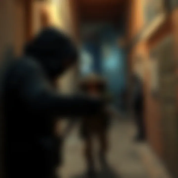 A stealthy character in an alley in an Eastern European setting, preparing to eliminate a guard with a knife.