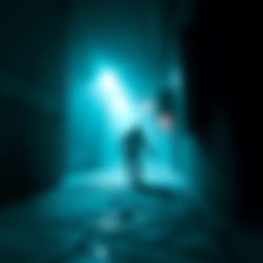 A character sneaking through a dark environment in Resident Evil Requiem, using stealth tactics to avoid enemies