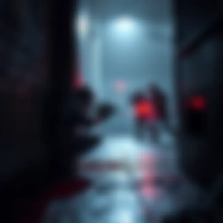 Stealth Shooter Gameplay A player crouches in a dark corner, aiming a gun at an enemy in a competitive multiplayer game. The environment is tense, highlighting stealth tactics and quick engagements.