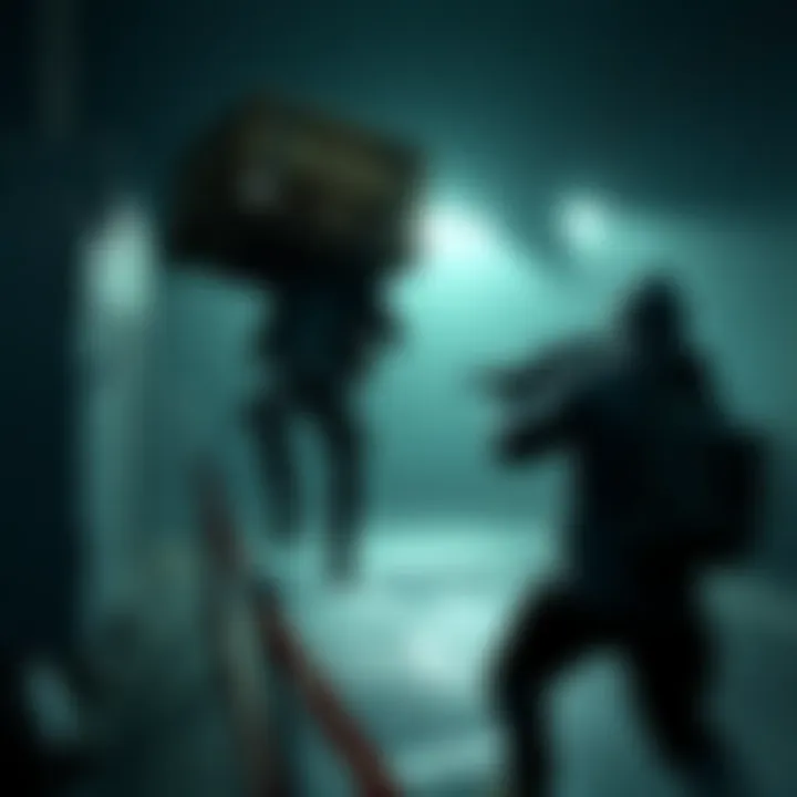 A stealthy survivor in a gaming environment drops a pallet suddenly, startling another player nearby.