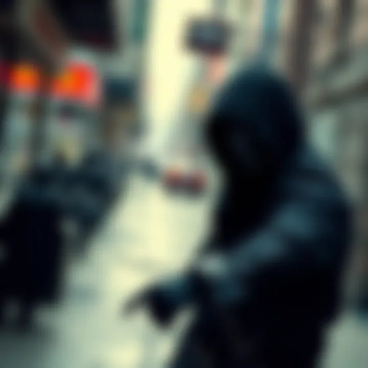 Stealthy Assassin in Action A shadowy figure dressed in black stealth gear blends into the surroundings, demonstrating stealth techniques in an urban setting.