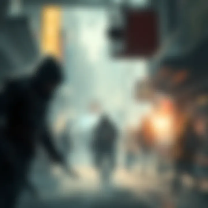 Stealthy Assassin in Action An assassin character blends into the shadows, ready to strike while remaining unseen. The background shows a bustling game environment filled with other characters oblivious to the danger.