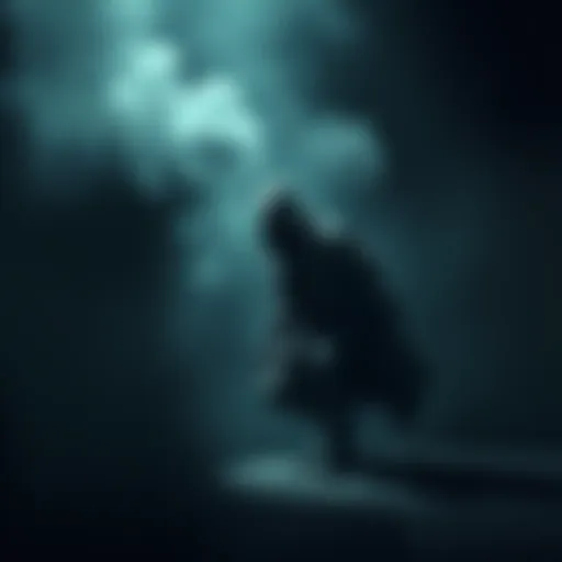 An Assassin character crouchwalking in a dark environment, blending into the shadows with smoke around them, ready to ambush a target.