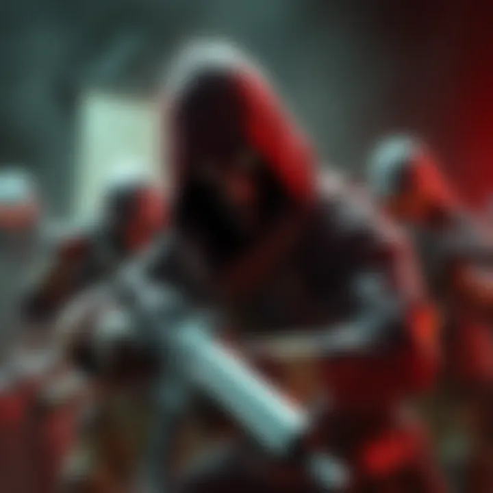 A stealthy assassin character in a game, blending into shadows and preparing for a strategic move alongside teammates.