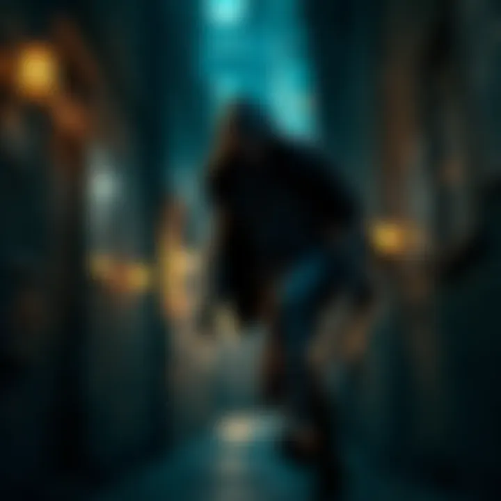 Stealthy character in Dishonored A stealthy character, dressed in dark clothing, sneaking through a dimly lit alley in a cityscape, aiming for achievements in the game Dishonored.