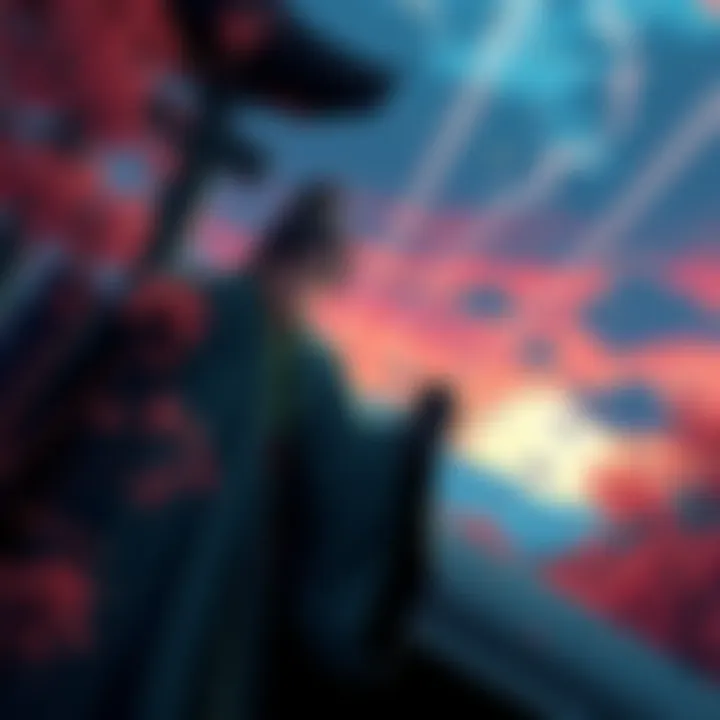A character in traditional Japanese attire sneaking through a vibrant forest with a dramatic sky, reminiscent of adventure games