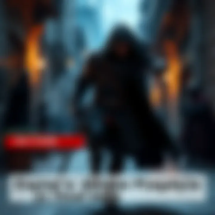 A stealthy character in dark clothing sneaks through shadows, avoiding guards in a medieval city setting.