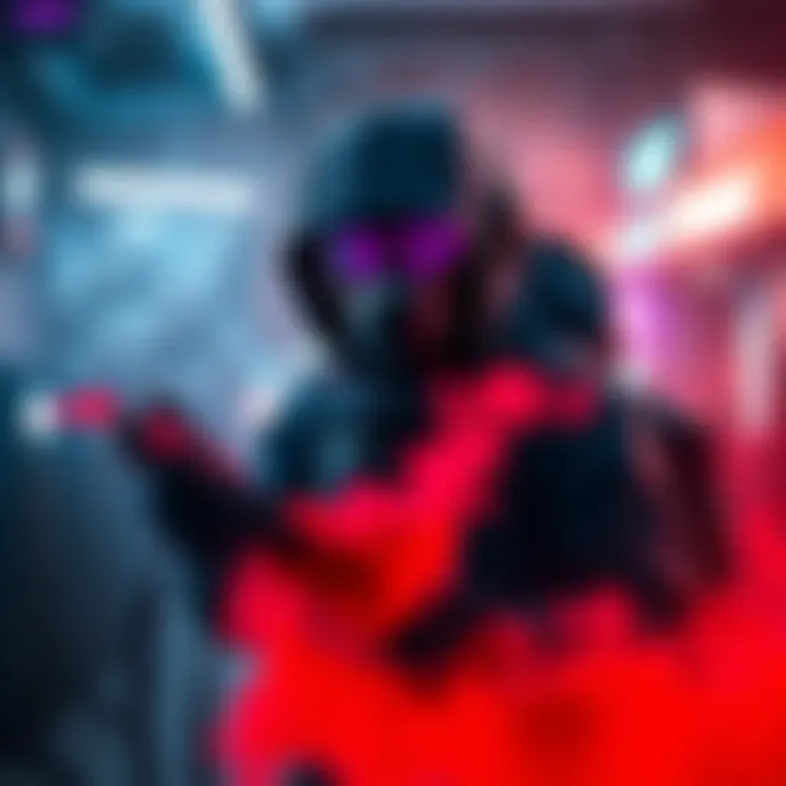 A gamer in a virtual environment, blending into the background using Electric Camouflage and holding a Smoke Bomb, showcasing stealth tactics over combat.