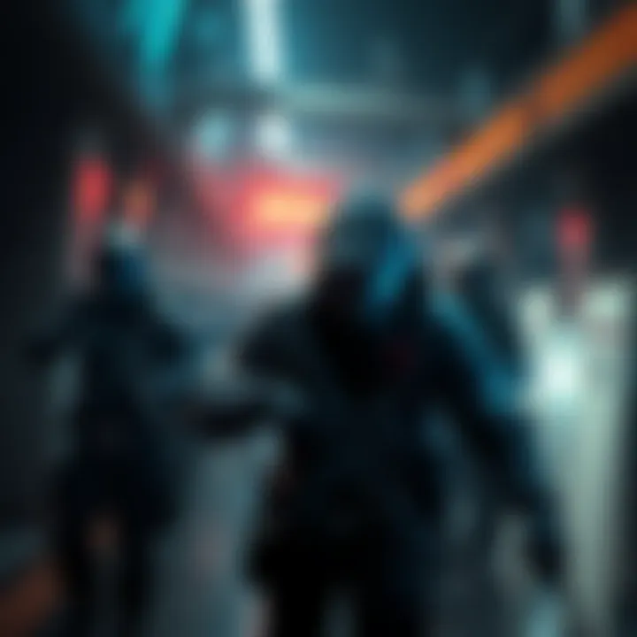Stealthy gamer in a tactical suit A gamer in a tactical suit sneaks past guards in a dimly lit environment, aiming to complete mission objectives without being detected.