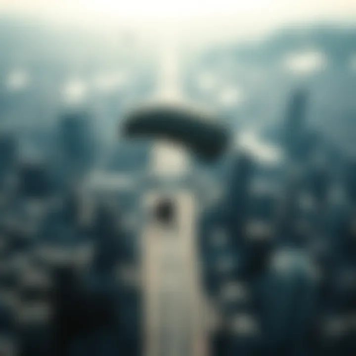 A silhouette of a parachutist descending quietly above a bustling city, with helicopters flying at a distance, showcasing the challenge of aerial safety.