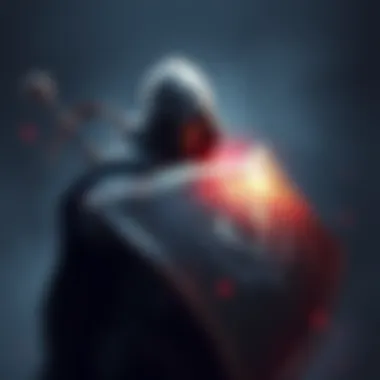 Stealthy raider in action A stealthy raider equipped with a shield, blending into a shadowy background while preparing to engage in PvP combat