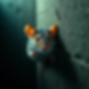 Stealthy Rat in the Shadows A small rat hiding behind a wall, peering out cautiously, representing stealth and humor in desperation.
