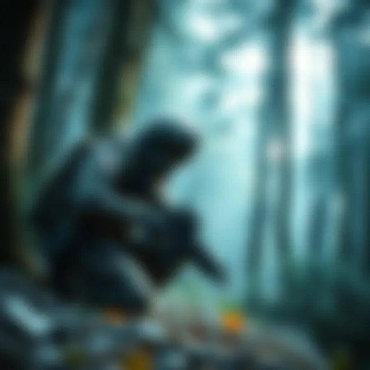 A soldier in tactical gear crouches in a forest, demonstrating stealth gameplay in Ghost Recon.