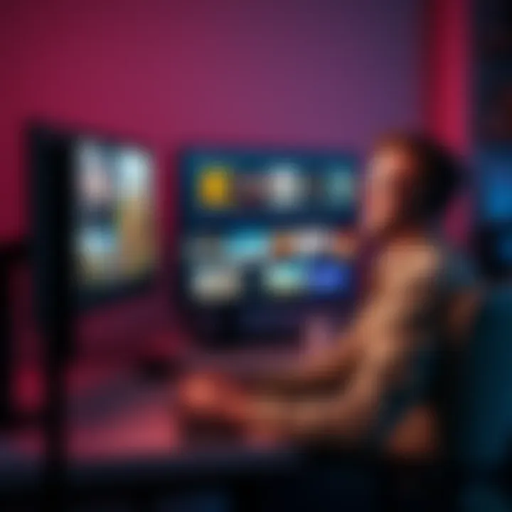 A person sitting at a computer, looking happy while transferring games from one Steam account to another, with game icons on the screen.