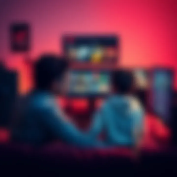 A parent and child sitting together at a computer, setting up separate Steam accounts. The computer screen shows different game libraries for each account.