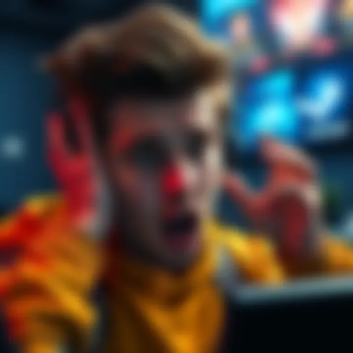 A gamer shocked by a ban for a kind comment on a friend's gaming screenshot, symbolizing the clash between kindness and online moderation.