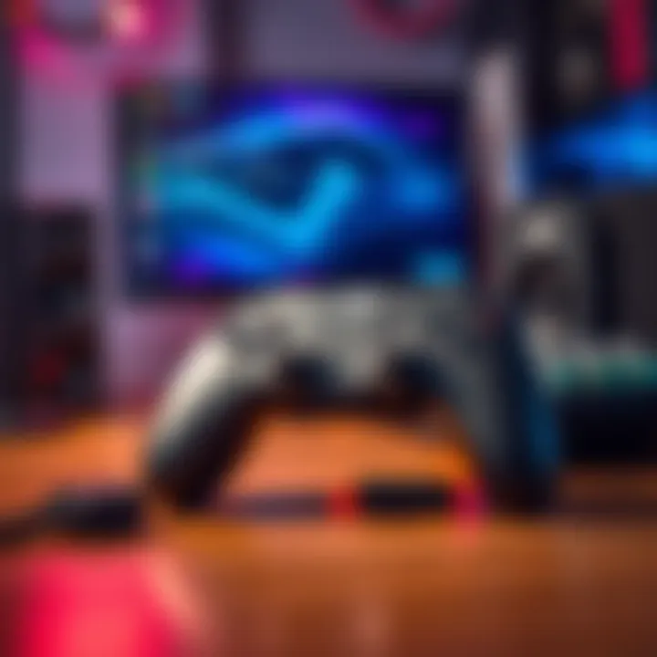 A Steam Controller resting on a desk with gaming setup in the background