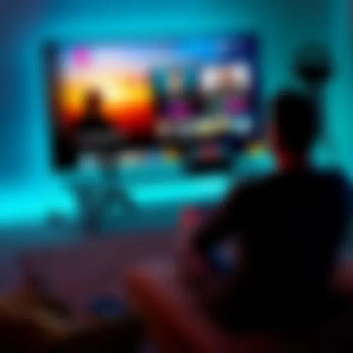 Steam Deck with game streaming interface A Steam Deck displaying a game streaming service on the screen, showing a user in a relaxed setting, playing games remotely.