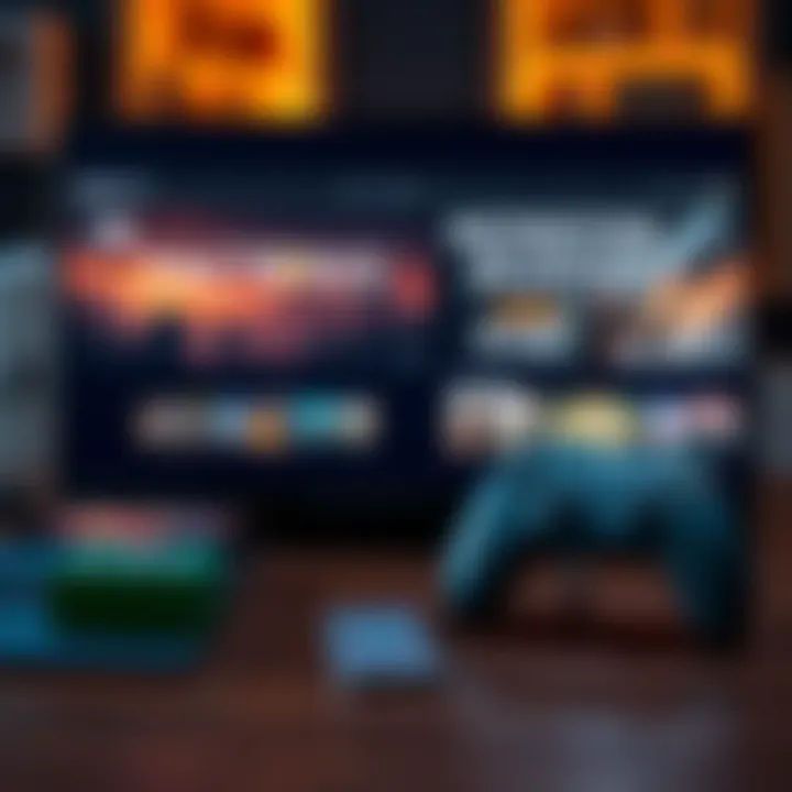 A Steam Deck displaying gameplay of Factorio and Monster Hunter Rise, with action-packed graphics on screen and a game controller beside it.