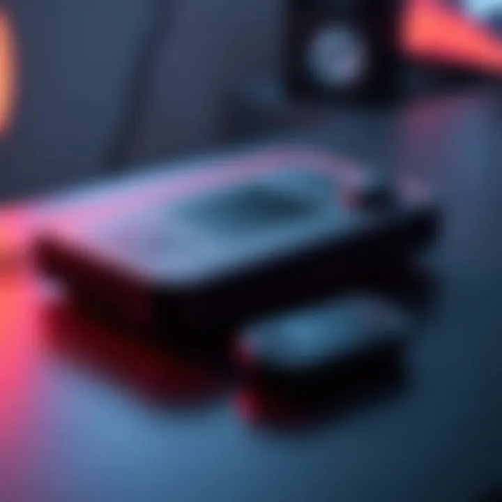 A Steam Deck resting on a table next to a small pocket-sized gaming console, showcasing their size difference.