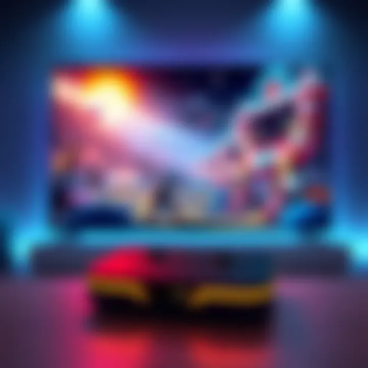 A Steam Deck gaming device mirroring its display on a large TV screen, showcasing a vibrant game scene.