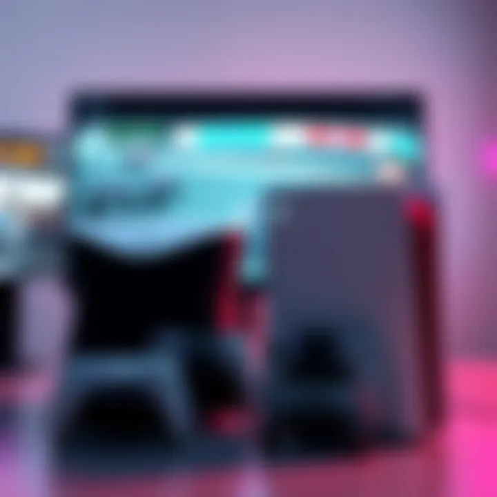 A Steam Deck and a PS5 console displayed next to each other, showcasing their designs while gaming graphics are visible on a screen behind them.