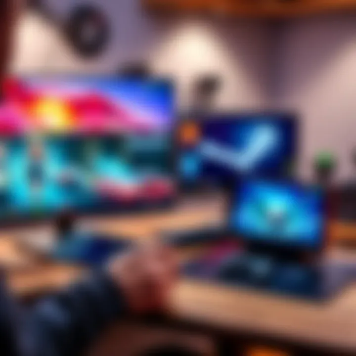 A gamer comparing a Steam Deck handheld console with a Steam Machine on a desk, showing a gaming setup with monitors and controllers.