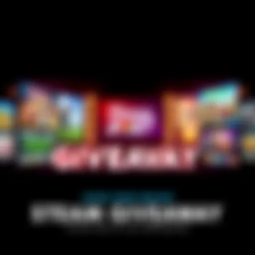 An eye-catching graphic showcasing a Steam giveaway with colorful game icons and text inviting participants to enter by commenting their game preference.