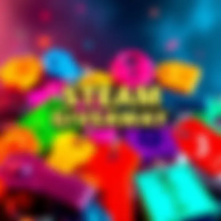 A vibrant graphic showcasing various colorful game keys for a Steam giveaway, inviting players to participate and choose their favorite game.