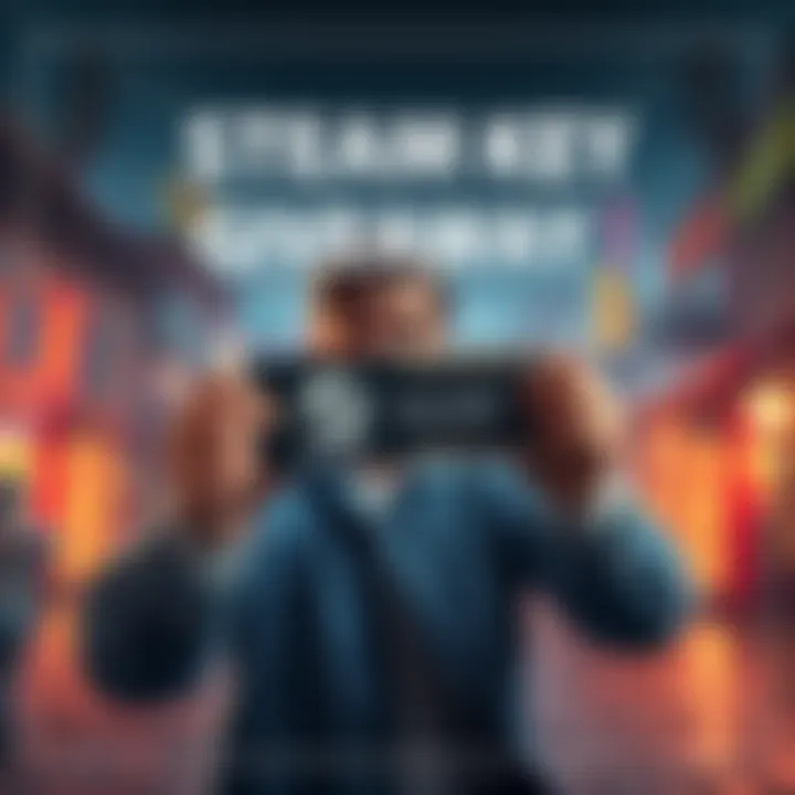 A person excitedly showing a Steam key for Resident Evil Village, with a gaming background.