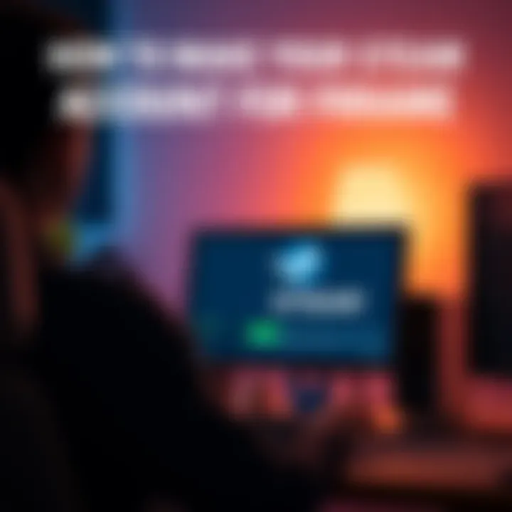 A graphic showing a person using a computer with the Steam logo, highlighting account settings for frame purchases.