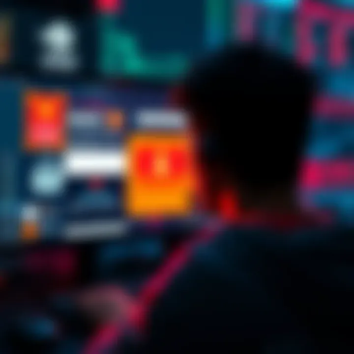 A person looking at a computer screen with security icons and warning messages about account hacking