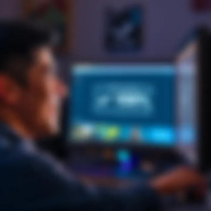 A person smiling while looking at their computer screen showing a 100% game completion on Steam