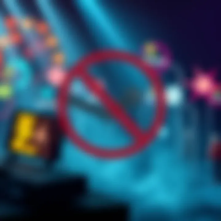 A visual guide showing a variety of banned games and content on Steam, with a red prohibition symbol overlay