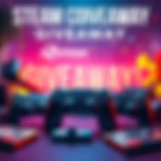 A colorful graphic promoting a giveaway of Steam codes for duplicate games. It features gaming elements like controllers and game cases.
