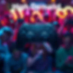 A Steam Controller with a backdrop of excited gamers; orders delayed until 2027 due to surge in popularity