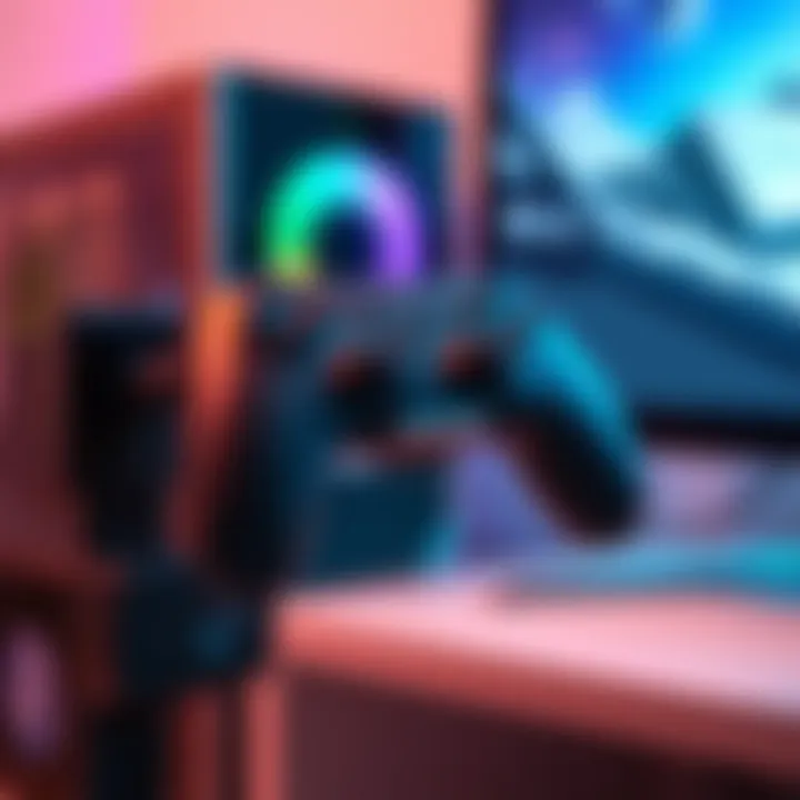 A close-up of a Steam Controller puck attached to a TV stand, with a PC and TV in the background. The setup shows distance and layout for optimal streaming.