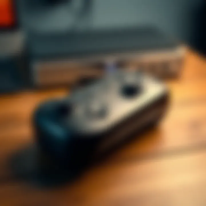 A Steam controller placed on a wooden table with a gaming console in the background, highlighting its unique design and buttons.